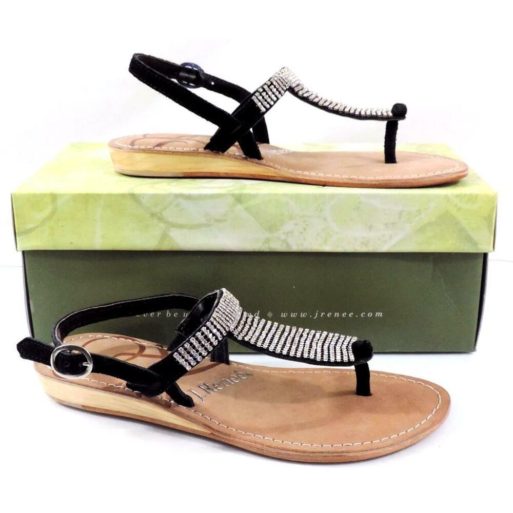 Women's J.Renee Stella Low Wedge T-Strap Sandals Rhinestone Suede Black Size 7.5 - Picture 6 of 9